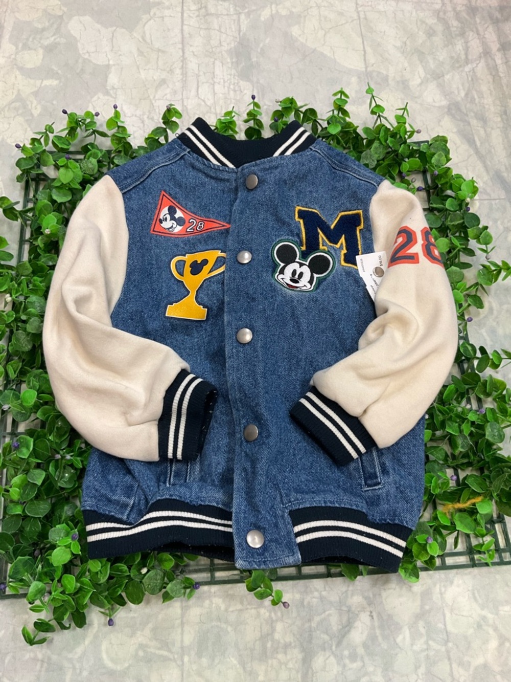Disney Blue Denim and Cream Sleeve Mickey Varsity Jacket